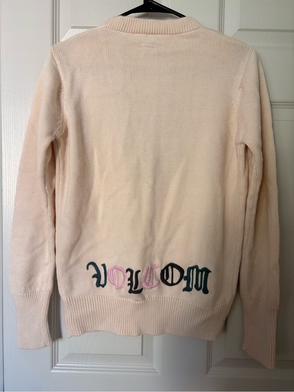 Volcom Cream Knit Cardigan with Multicolor Embroidered Logo
